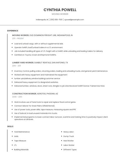 Moving Worker Resume