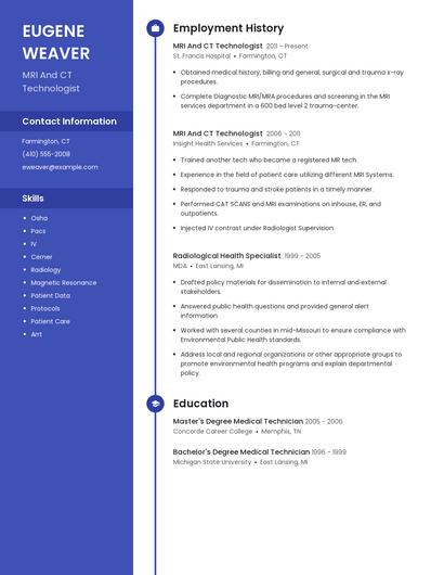 MRI And CT Technologist Resume