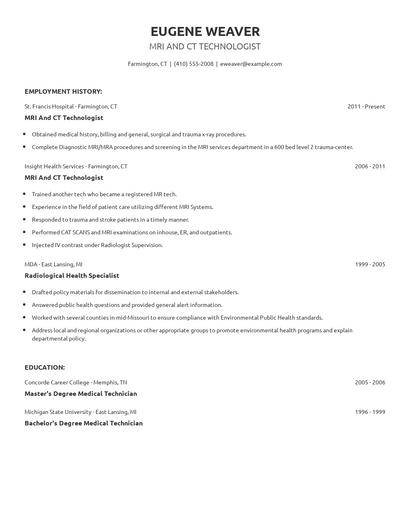 MRI And CT Technologist Resume