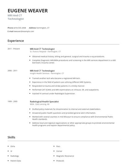MRI And CT Technologist Resume