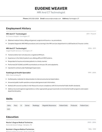 MRI And CT Technologist Resume