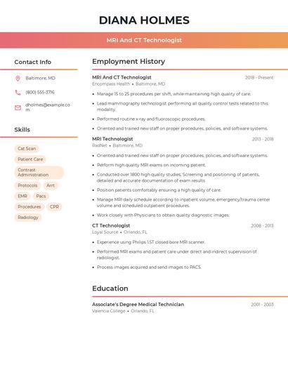 MRI And CT Technologist Resume