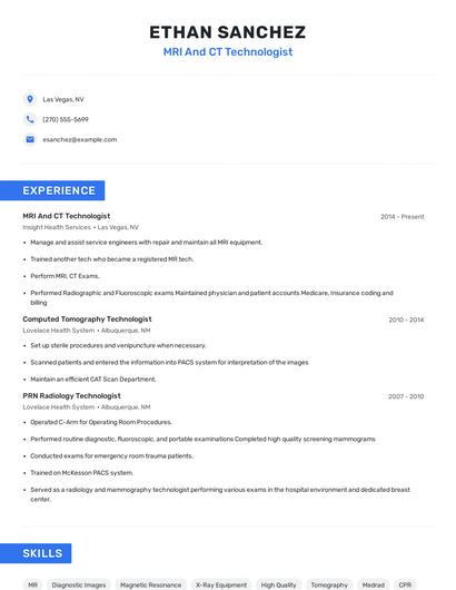 MRI And CT Technologist Resume