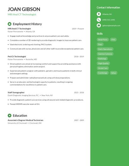 MRI And CT Technologist Resume