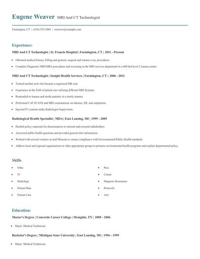 MRI And CT Technologist Resume