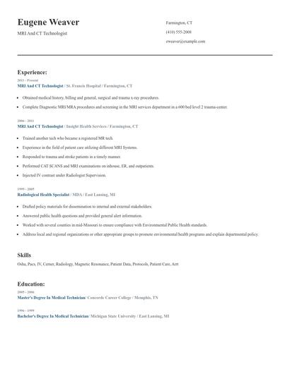 MRI And CT Technologist Resume