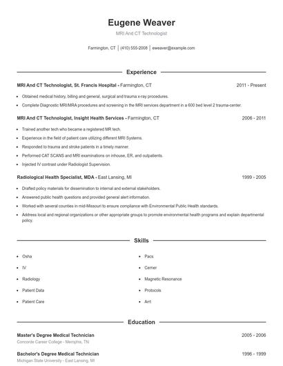 MRI And CT Technologist Resume