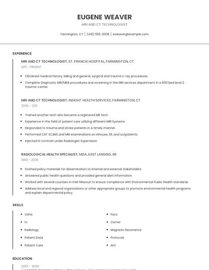 MRI And CT Technologist Resume