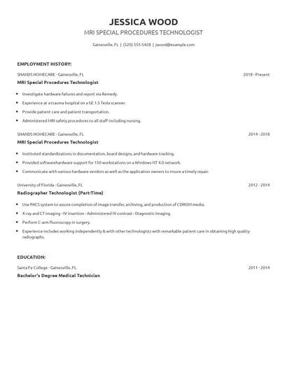 MRI Special Procedures Technologist Resume