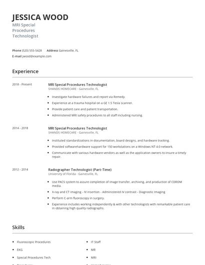 MRI Special Procedures Technologist Resume