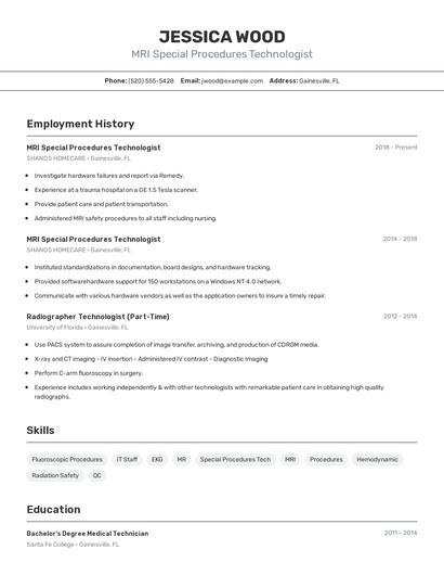 MRI Special Procedures Technologist Resume