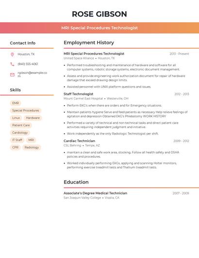 MRI Special Procedures Technologist Resume