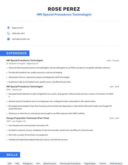 MRI Special Procedures Technologist Resume