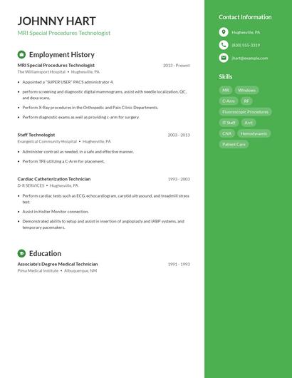 MRI Special Procedures Technologist Resume