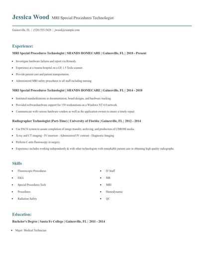 MRI Special Procedures Technologist Resume