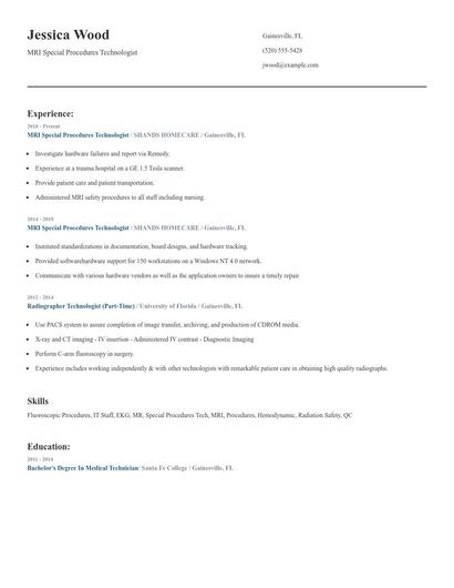 MRI Special Procedures Technologist Resume