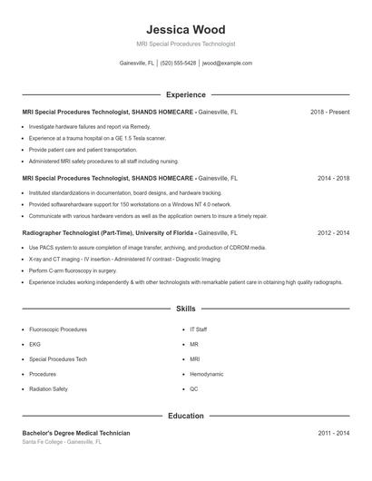 MRI Special Procedures Technologist Resume