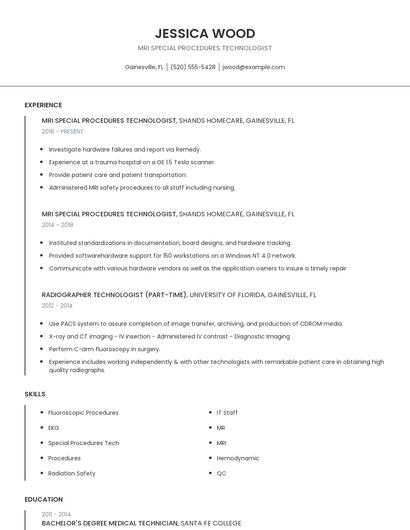 MRI Special Procedures Technologist Resume