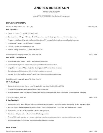 MRI Supervisor Resume