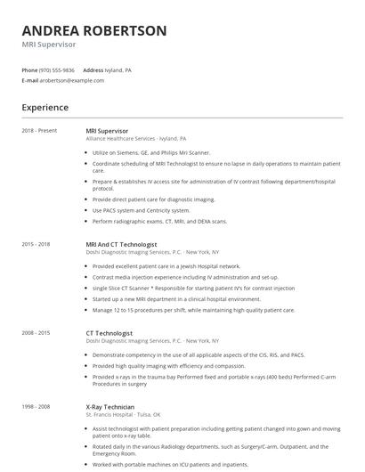 MRI Supervisor Resume