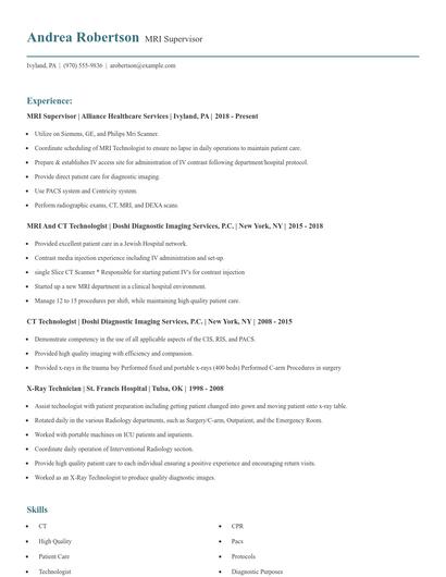 MRI Supervisor Resume
