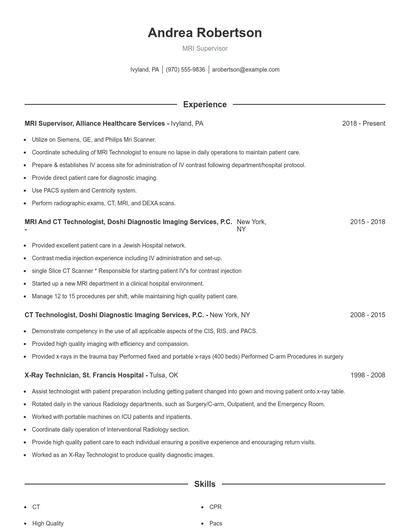 MRI Supervisor Resume