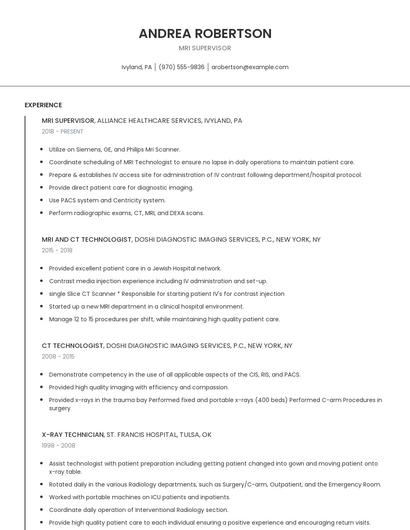 MRI Supervisor Resume