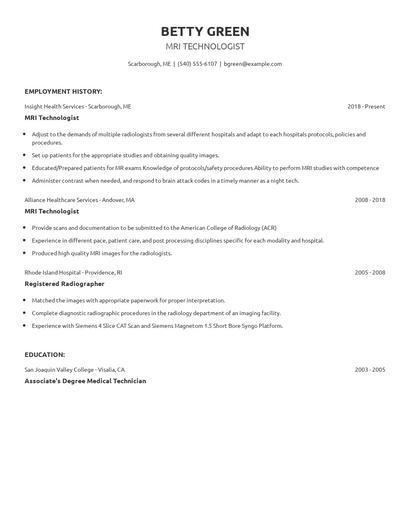 MRI Technologist Resume