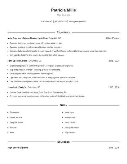 Mule Operator Resume