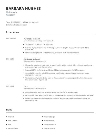Multimedia Assistant Resume
