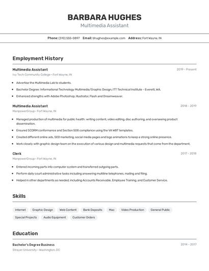 Multimedia Assistant Resume