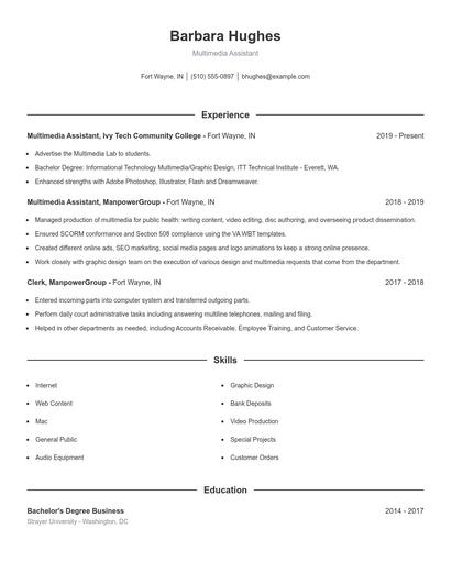 Multimedia Assistant Resume