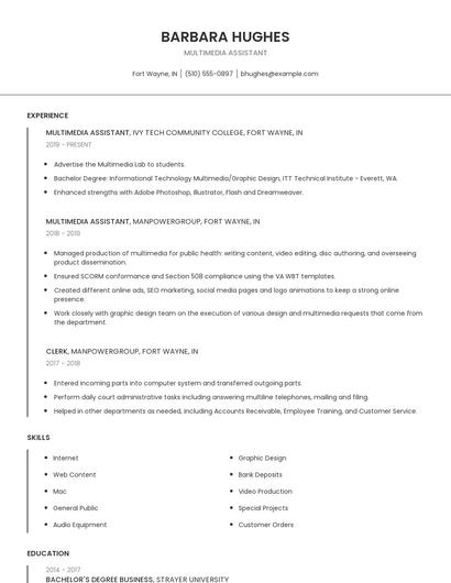 Multimedia Assistant Resume