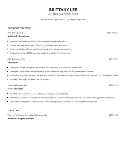Multimedia Developer Resume