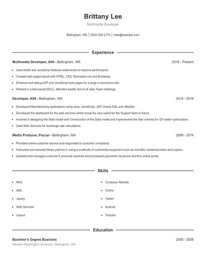 Multimedia Developer Resume
