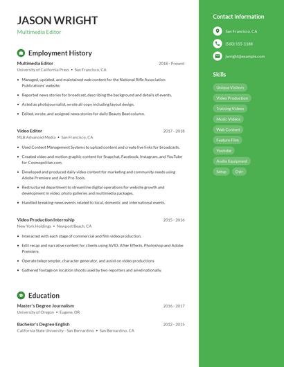 Multimedia Editor Resume