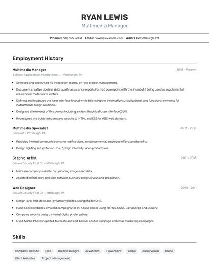 Multimedia Manager Resume