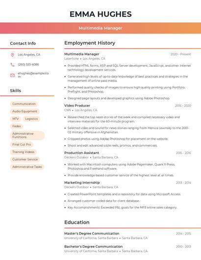 Multimedia Manager Resume