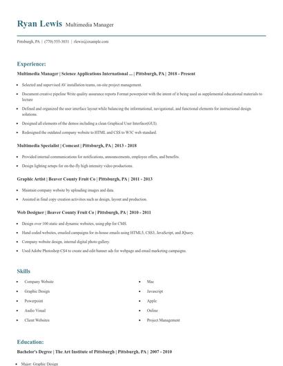Multimedia Manager Resume