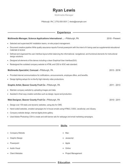 Multimedia Manager Resume
