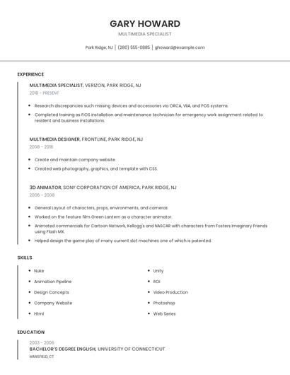 Multimedia Specialist Resume