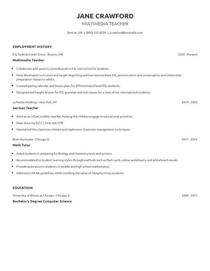 Multimedia Teacher Resume