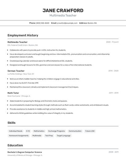 Multimedia Teacher Resume