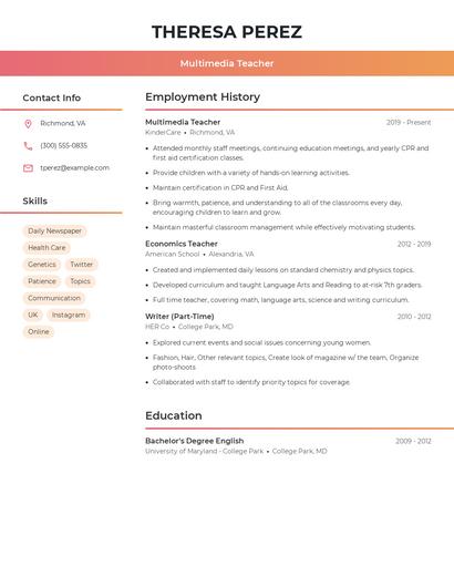 Multimedia Teacher Resume