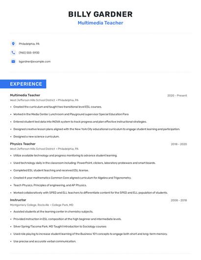 Multimedia Teacher Resume