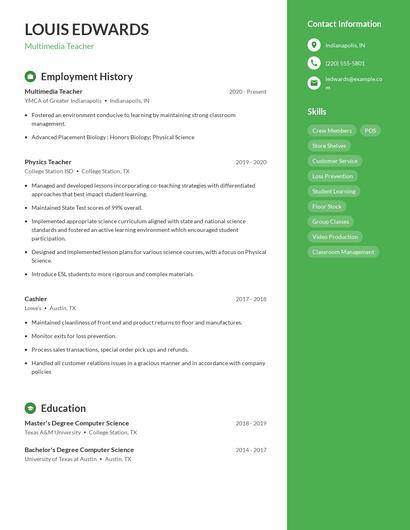 Multimedia Teacher Resume