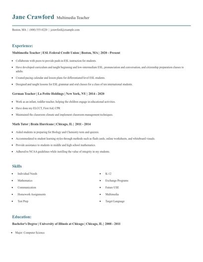 Multimedia Teacher Resume