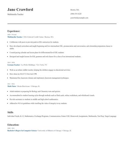 Multimedia Teacher Resume