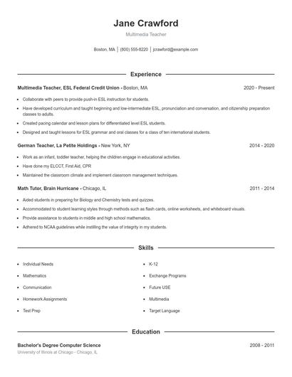 Multimedia Teacher Resume