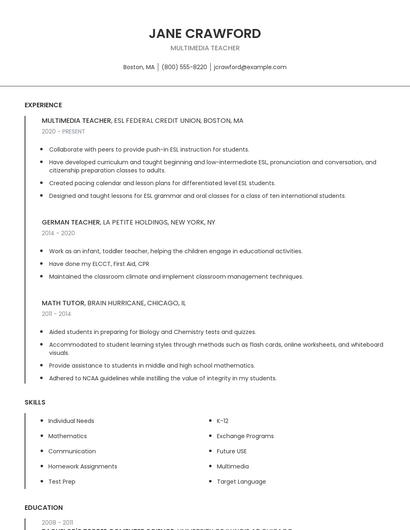 Multimedia Teacher Resume